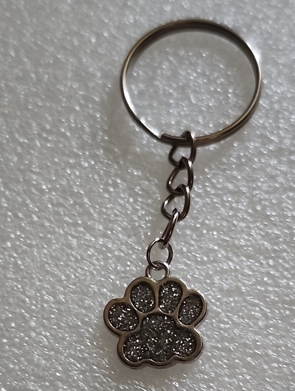 Hand Crafted Silver Paw Print Keychain with Glitter Accent